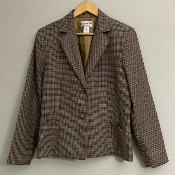 PENDLETON womens Brown-tan-black plaid Blazer 100% virgin wool size 12 - Picture 1 of 7